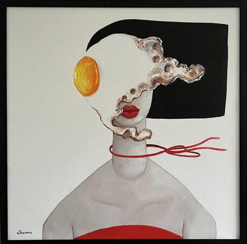 Egg girl on a windy day di Ta Byrne, Pittura in vendita su Singulart