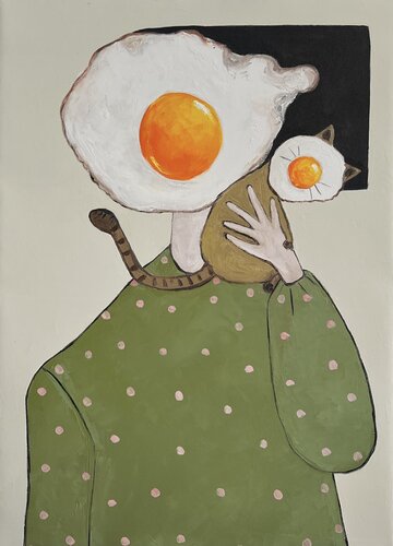 Egg girl with cat van Ta Byrne, Schilderij te koop op Singulart