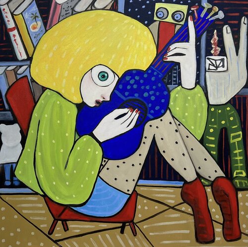 Princess of jazz strumming the guitar. di Ta Byrne, Pittura in vendita su Singulart