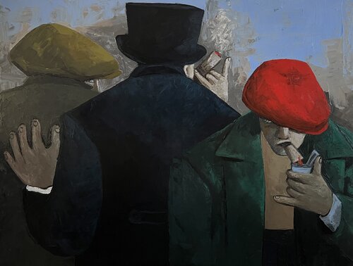 Conspirators deep in discussion van Ta Byrne, Schilderij te koop op Singulart