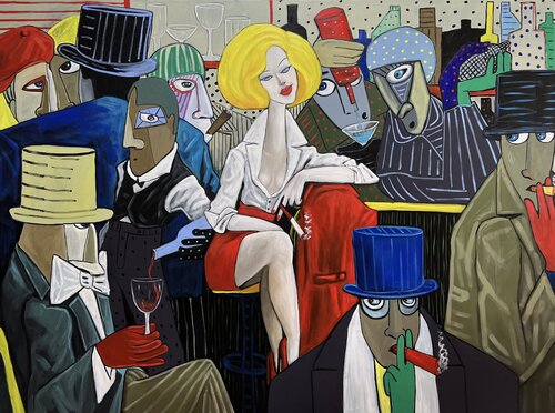Lady in red relaxing with the conspirators van Ta Byrne, Schilderij te koop op Singulart