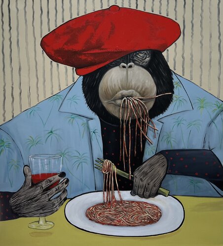 Boss enjoying his spaghetti van Ta Byrne, Schilderij te koop op Singulart
