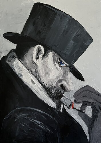 Man in black smoking a cigar van Ta Byrne, Schilderij te koop op Singulart