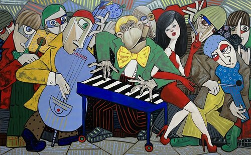 Jazz band with Lady in red conducting di Ta Byrne, Pittura in vendita su Singulart
