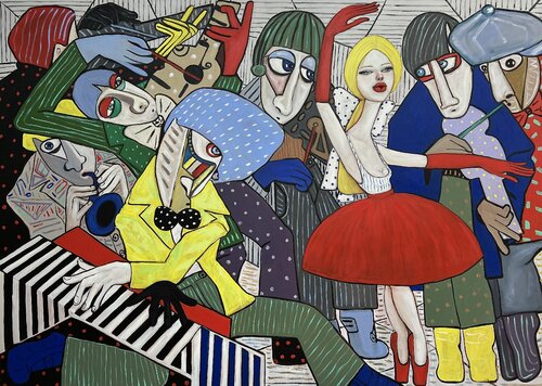 Piano man and lady in red di Ta Byrne, Pittura in vendita su Singulart