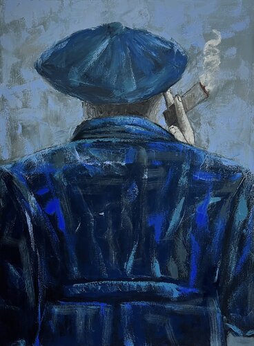 Man in blue smoking a cigar van Ta Byrne, Schilderij te koop op Singulart