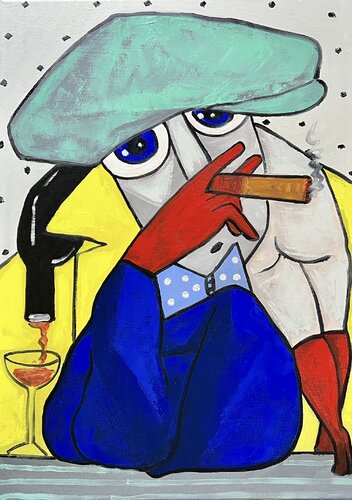 Man in green hat with friends van Ta Byrne, Schilderij te koop op Singulart