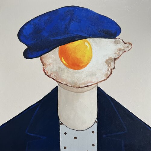 Egg boy in a blue hat di Ta Byrne, Pittura in vendita su Singulart