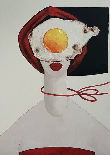 Egg lady in red di Ta Byrne, Pittura in vendita su Singulart