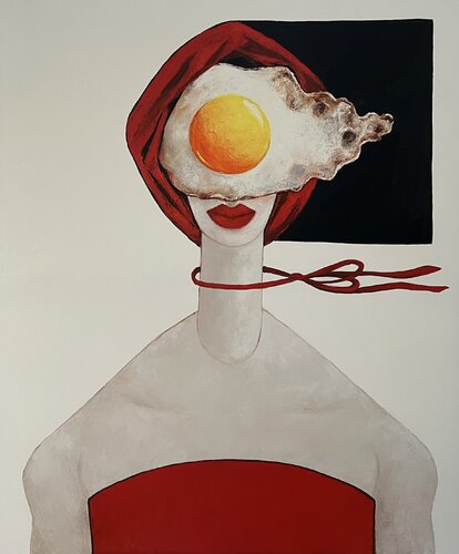 Egg girl in red on a windy day van Ta Byrne, Schilderij te koop op Singulart