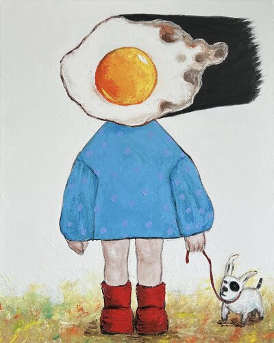 Egg girl with her dog a windy day di Ta Byrne, Pittura in vendita su Singulart