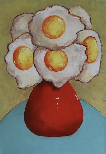 Egg flowers in a red vase di Ta Byrne, Pittura in vendita su Singulart