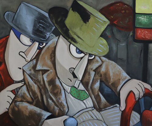 Conspirators and the back seat driver di Ta Byrne, Pittura in vendita su Singulart