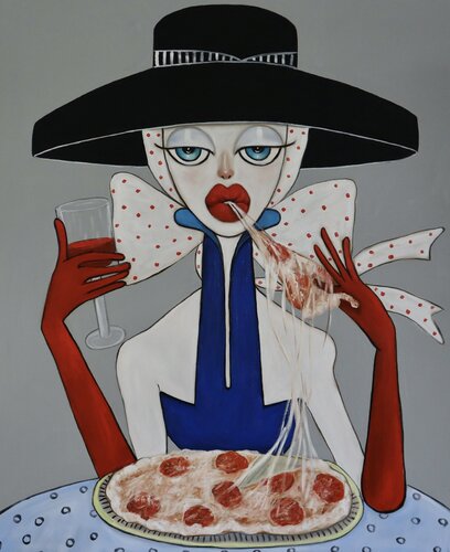 Madam enjoying a pizza di Ta Byrne, Pittura in vendita su Singulart