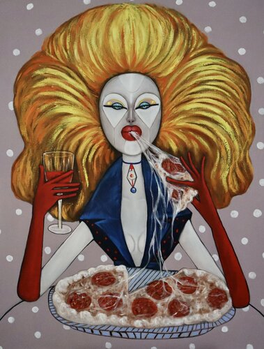 Prima Donna eating pizza di Ta Byrne, Pittura in vendita su Singulart