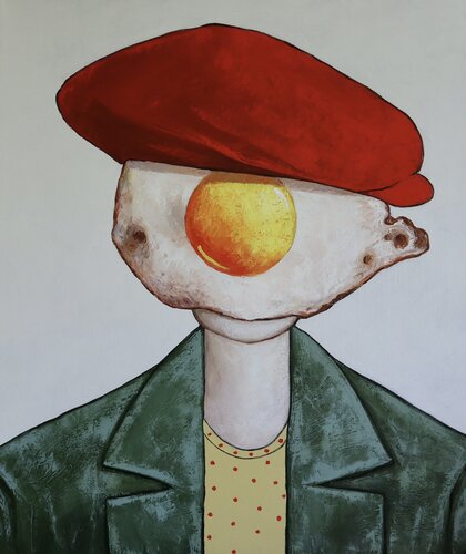 Egg boy in red hat di Ta Byrne, Pittura in vendita su Singulart