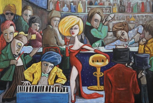 Lady in red in a jazz club di Ta Byrne, Pittura in vendita su Singulart