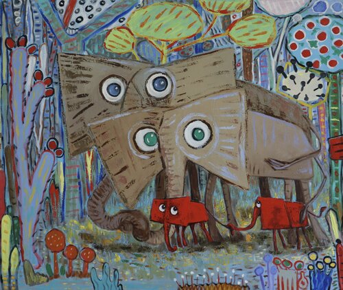 Mom, dad and 2 baby elephants di Ta Byrne, Pittura in vendita su Singulart