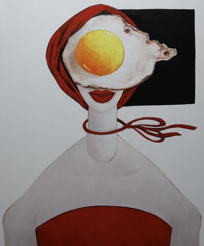 Egg girl in red on a windy day di Ta Byrne, Pittura in vendita su Singulart