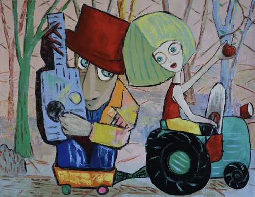 Girl picking apples with guitar player Ta Byrne