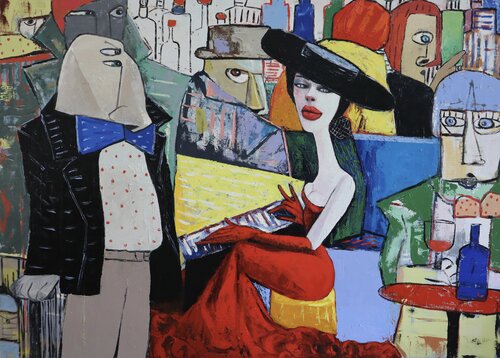Lady in red playing a piano di Ta Byrne, Pittura in vendita su Singulart