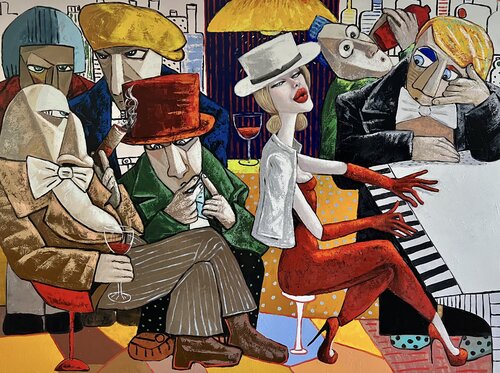 Lady in red playing a white piano di Ta Byrne, Pittura in vendita su Singulart