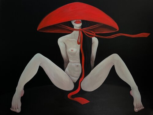 A nude wearing a red hat Ta Byrne