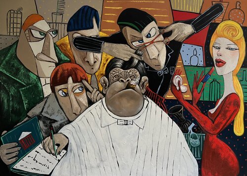 Boss having a hair cut van Ta Byrne, Schilderij te koop op Singulart