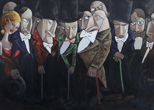 Lady in Red and the Conspirators van Ta Byrne, Schilderij te koop op Singulart
