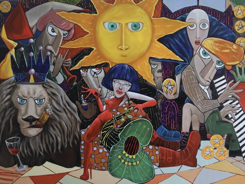 Lady in Red playing the Sax while Taming the Lion van Ta Byrne, Schilderij te koop op Singulart