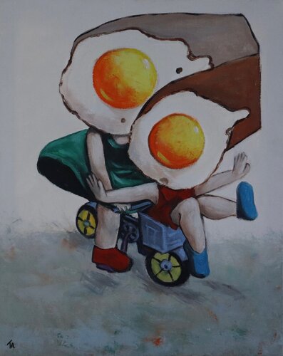 Egg girls on a bike van Ta Byrne, Schilderij te koop op Singulart