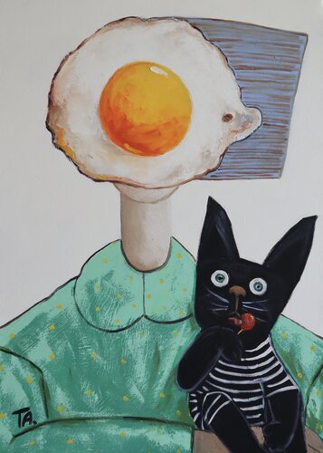 Egg Girl with her black Cat van Ta Byrne, Schilderij te koop op Singulart