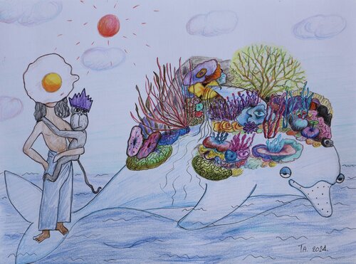Sabo and Babu on the back of a dolphin who slept on the bottom of the ocean for a thousand von Ta Byrne, Malerei kaufen auf Singulart