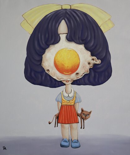 Egg girl with her brown cat di Ta Byrne, Pittura in vendita su Singulart