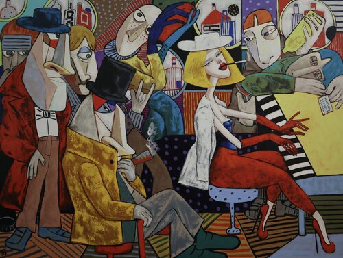 Conspirators and the Piano player van Ta Byrne, Schilderij te koop op Singulart