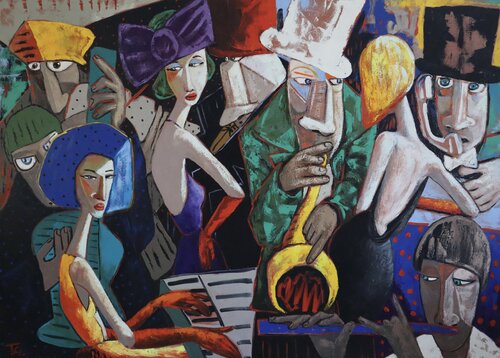 Lady in Red and her Jazz Band van Ta Byrne, Schilderij te koop op Singulart