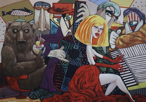 King of Salmon and Lady in red van Ta Byrne, Schilderij te koop op Singulart