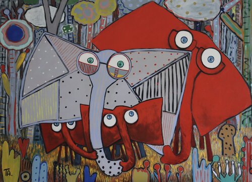 Mom, Pop and two baby elephants van Ta Byrne, Schilderij te koop op Singulart