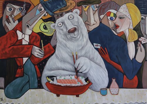 The Conspirators and Sushi Bear di Ta Byrne, Pittura in vendita su Singulart