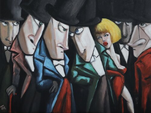Lady in red and the conspirators di Ta Byrne, Pittura in vendita su Singulart