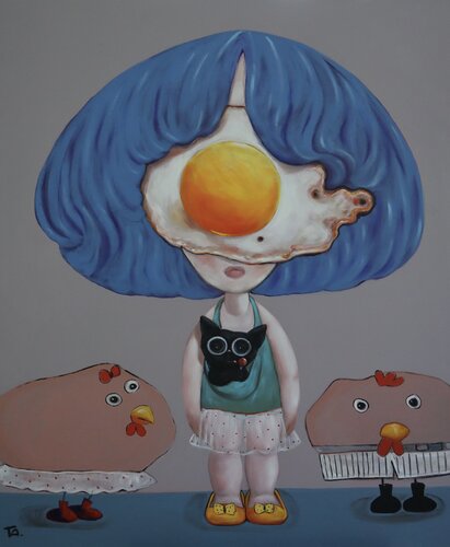Egg girl with friends de Ta Byrne, Pintura a la venta en Singulart