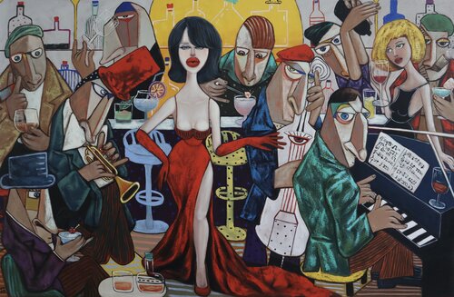 Lady in red with with her jazz band van Ta Byrne, Schilderij te koop op Singulart
