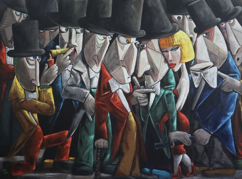 Top Hat & Tails and Lady in red van Ta Byrne, Schilderij te koop op Singulart