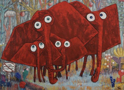 Four Elephants di Ta Byrne, Pittura in vendita su Singulart