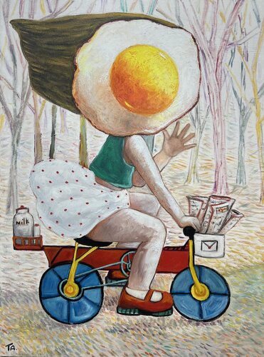 Egg girl on her bike by Ta Byrne, 油畫 for Sale on Singulart