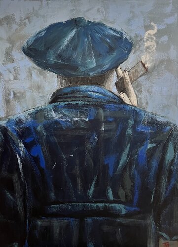 Man in blue smoking a cigar von Ta Byrne, Malerei kaufen auf Singulart