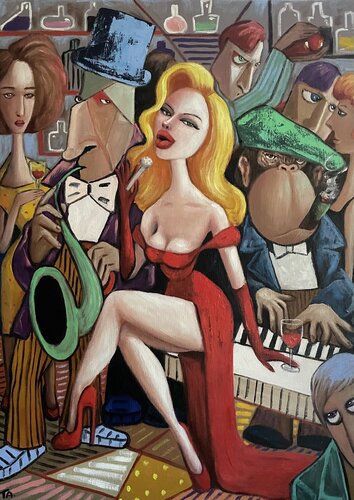 Lady in Red singing Jazz van Ta Byrne, Schilderij te koop op Singulart