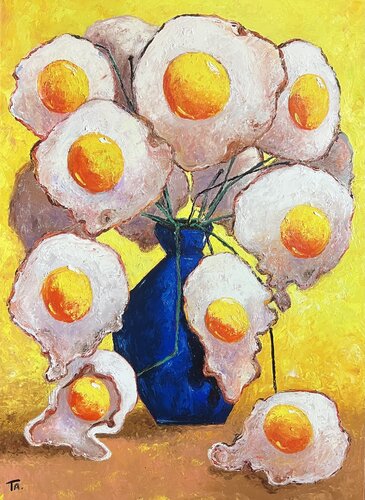 Egg Flowers in blue vase van Ta Byrne, Schilderij te koop op Singulart