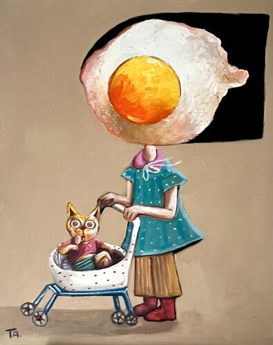 Egg girl with her cat von Ta Byrne, Malerei kaufen auf Singulart