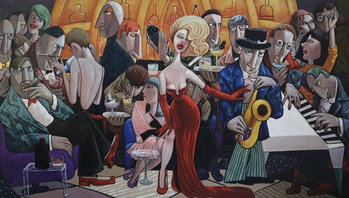 Lady in red singing Jazz van Ta Byrne, Schilderij te koop op Singulart